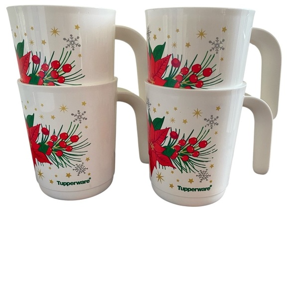 4 Tupperware Ilumina Poinsettia Festive Holiday Stackable Mugs Red White 350ml - Picture 3 of 14